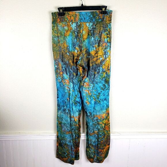 Women's Soft Surroundings Water Color Splash Art To Wear Smocked Satin Pants Sm - Picture 2 of 11